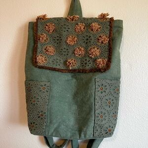 Green Floral Embroidered Backpack
